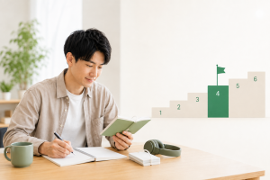 Young man sits at a desk writing in a notebook, reading a green booklet, with a plant in the background and a step-like growth chart on the wall showing steps 1–6 and a green flag at step 4.