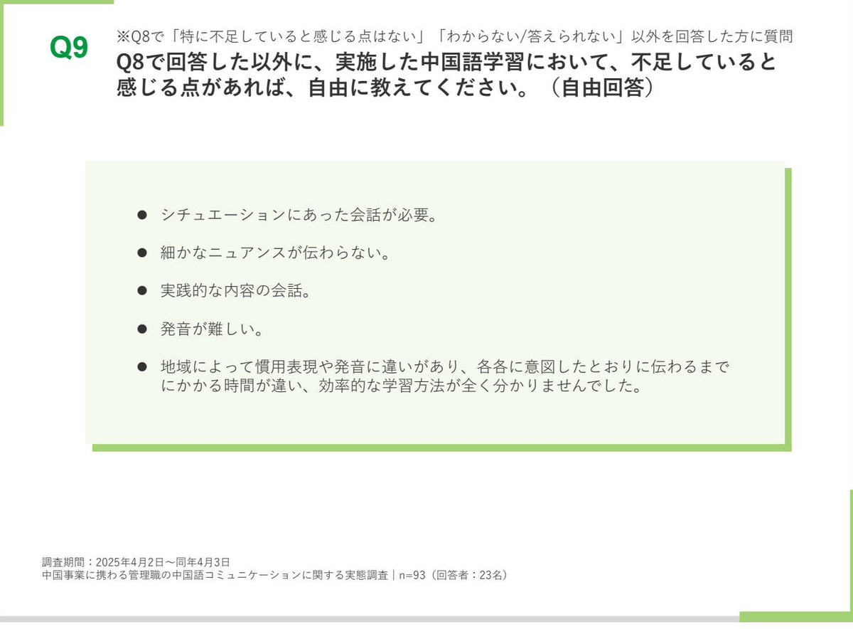 研修や独学での中国語学習で不足していると感じる点の自由回答。実践的な内容の会話が必要などの声