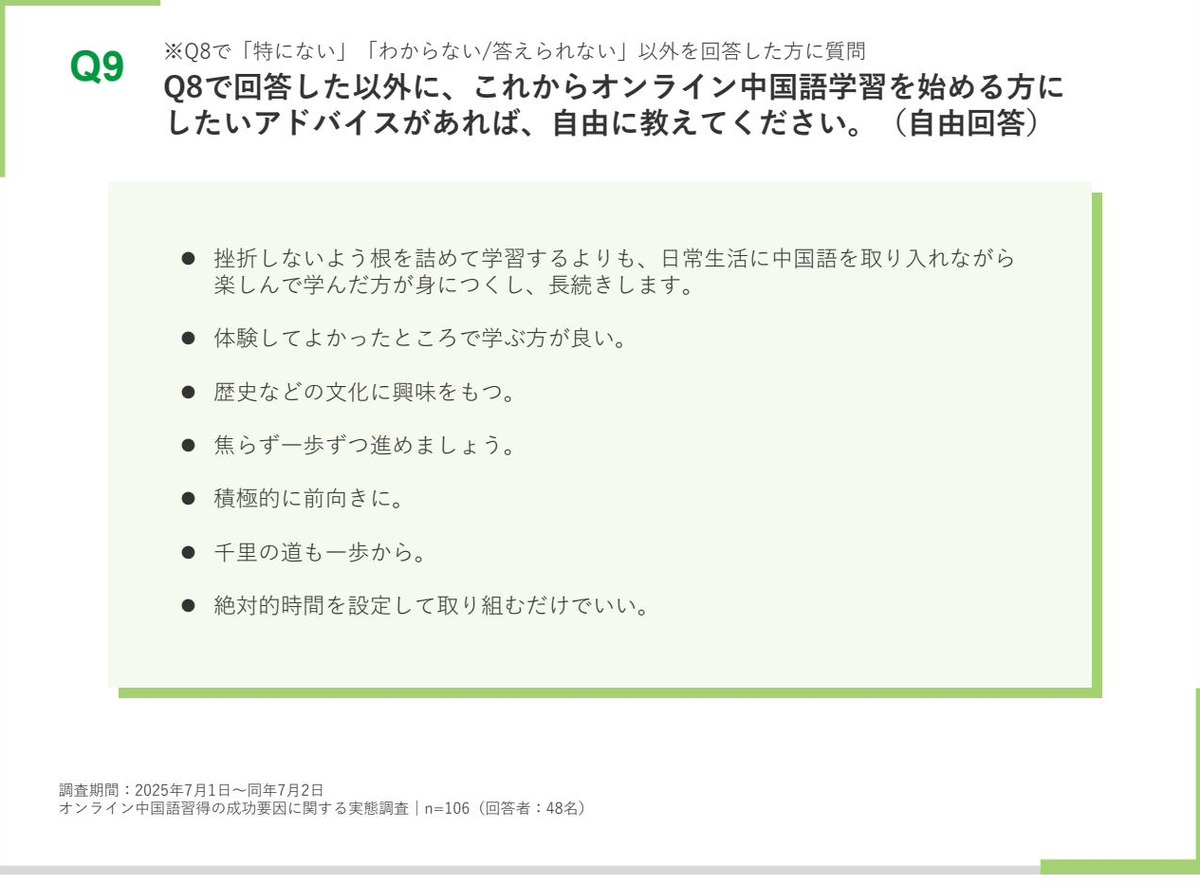 これから中国語学習を始める方へのアドバイスの自由回答。焦らず一歩ずつ進めましょうなどの声