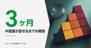 左に大きく『3ヶ月』と中国語が話せるまでの期間を示す文字入りのデザイン、右には拡大鏡とカラフルな木製ブロック。