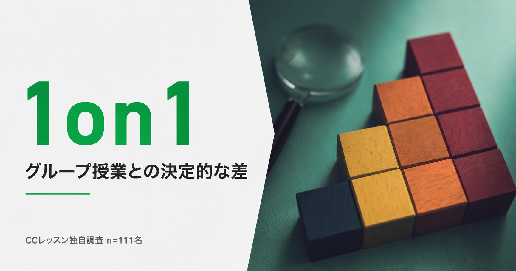 Promotional banner for 1on1 lessons: bold green '1on1' with Japanese subtitle, white left panel, and colorful wooden blocks on the right.