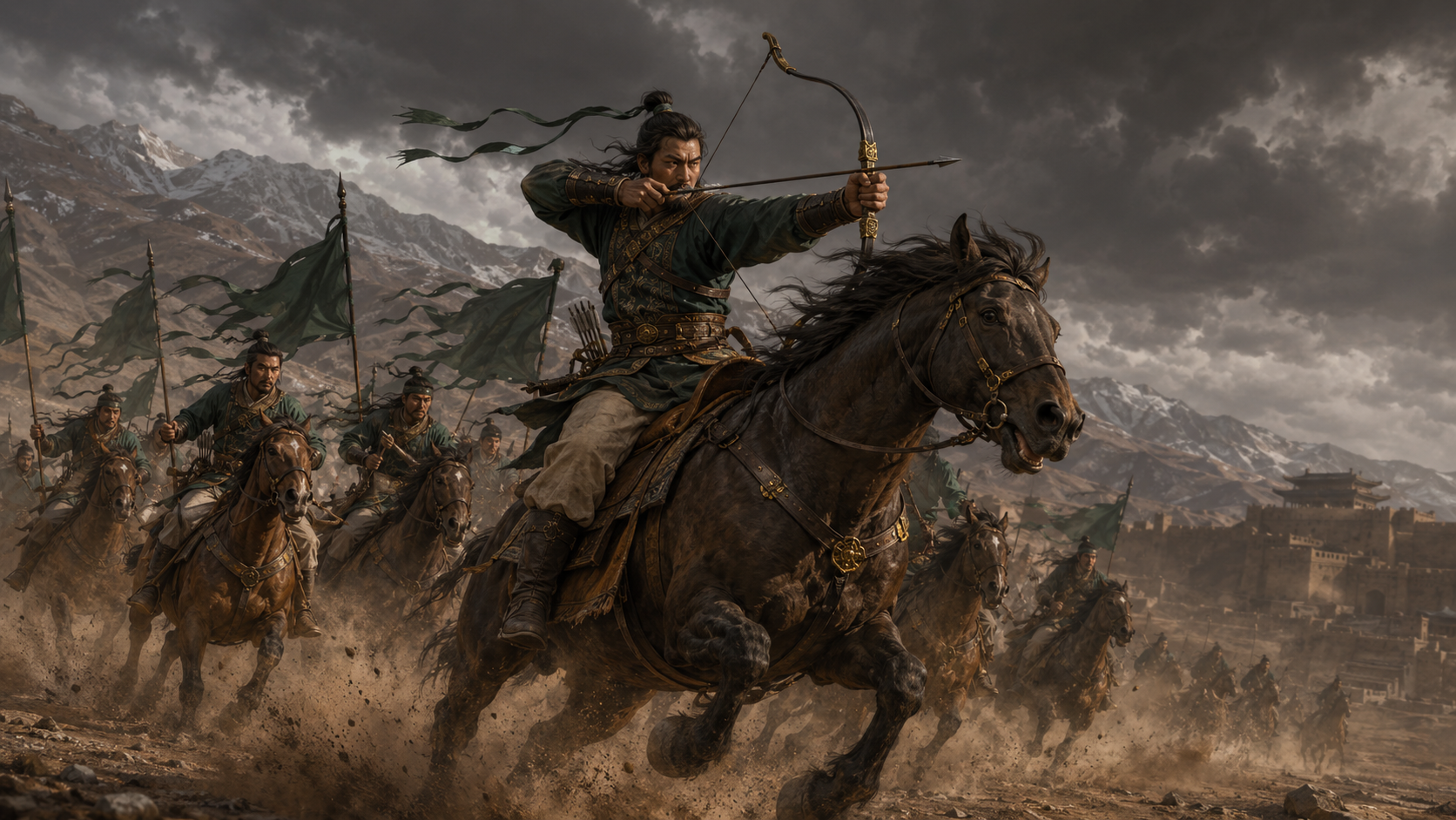 A warrior archer on a charging horse leads a cavalry charge across a dusty battlefield, with green banners and a distant fortress under dark, stormy skies.