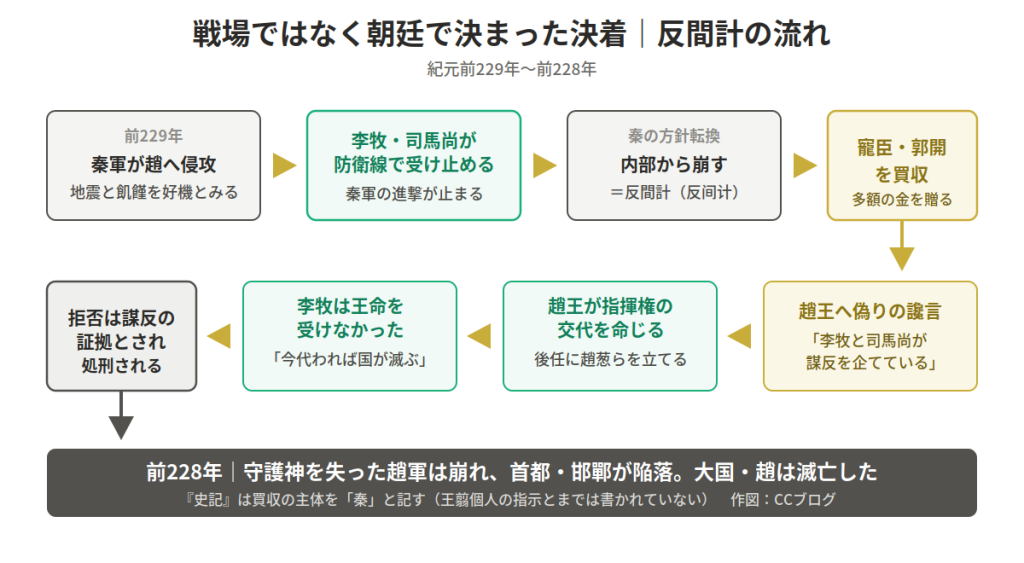 戦史の流れを示す日本語のフローチャート。前229年の秦軍侵攻から始まり、各段階の決定と転換を追う。