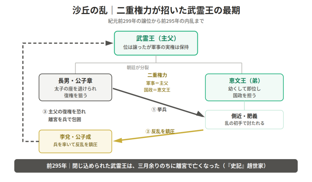 武霊王を頂点とする権力図。長男・公子章と恵文王(弟)が対立する二重権力の系譜を矢印で示すインフォグラフィック。